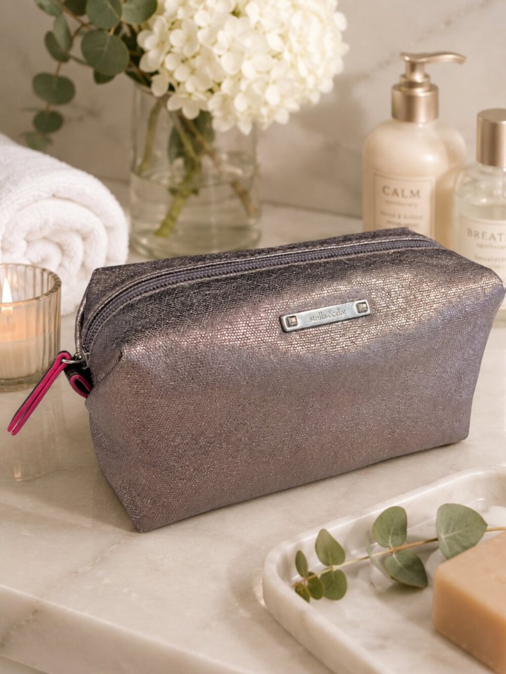 STELLA & DOT Pouf Cosmetic Makeup Travel Case Metallic Bronze Zip Pouch Organize